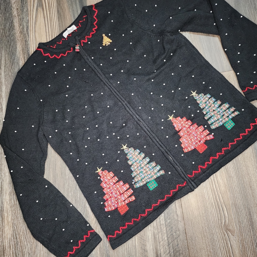 Ladies Charter Club Cardigan Sweater Full Zip Large Black Christmas Holiday